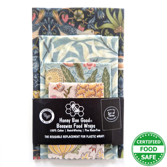 Black Label William Morris Set of 4 (3 + Free) Beeswax Wraps | Strawberry Thief