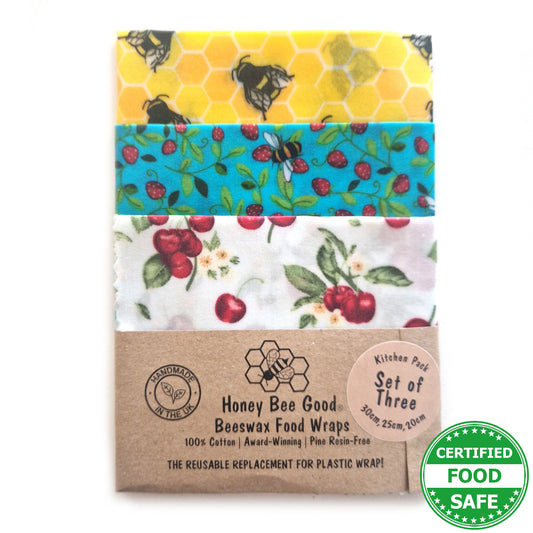 Earth Kind Set of 3 Beeswax Wraps | Bees & Cherries