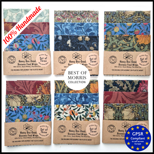 Set of 3 handmade beeswax food wraps featuring assorted floral patterns from the Best of Morris collection.