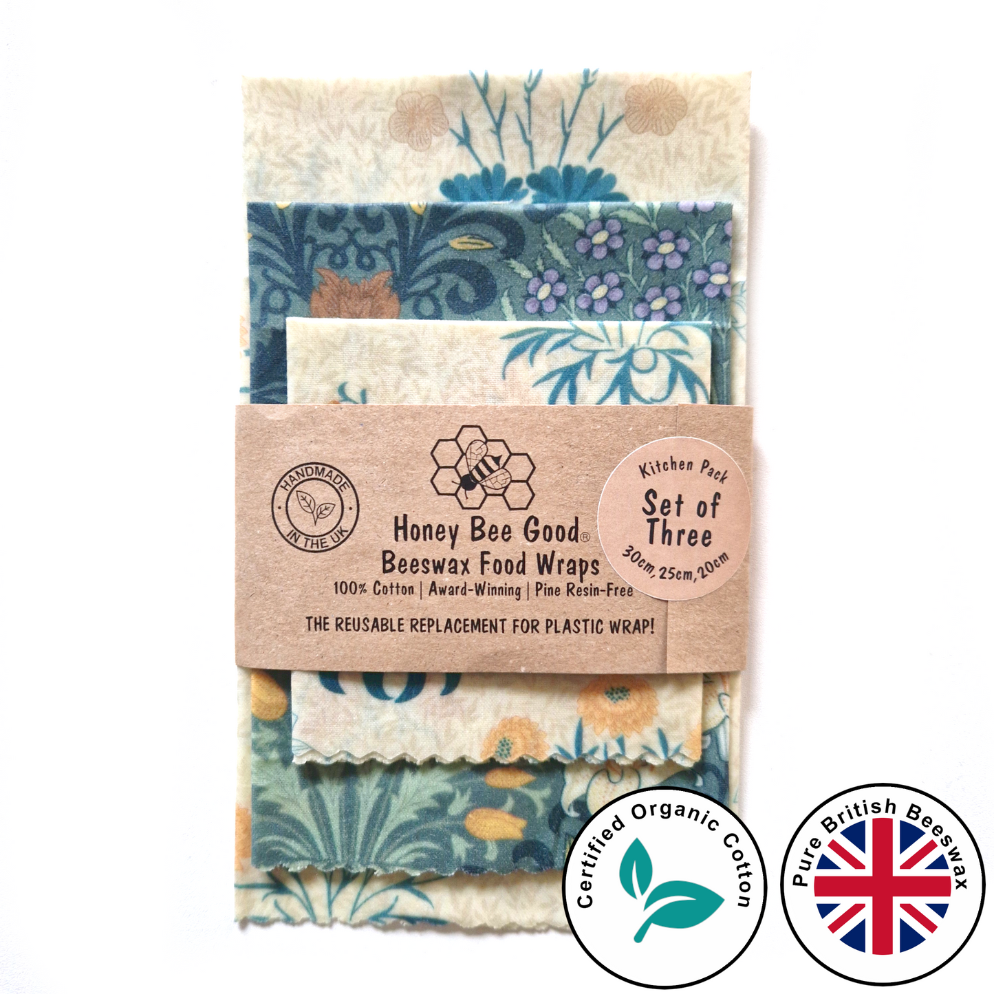 British Beeswax Organic Cotton Set of 3 Beeswax Wraps | William Morris Kelmscott