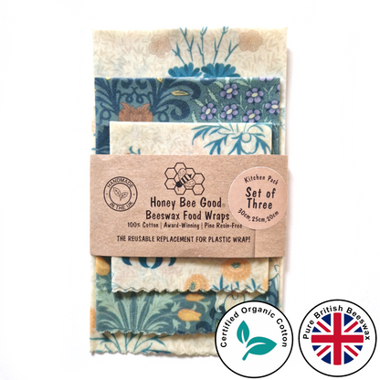 British Beeswax Organic Cotton Set of 3 Beeswax Wraps | William Morris Kelmscott