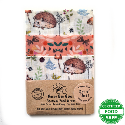Classic Set of 3 Beeswax Wraps | Hedgehogs