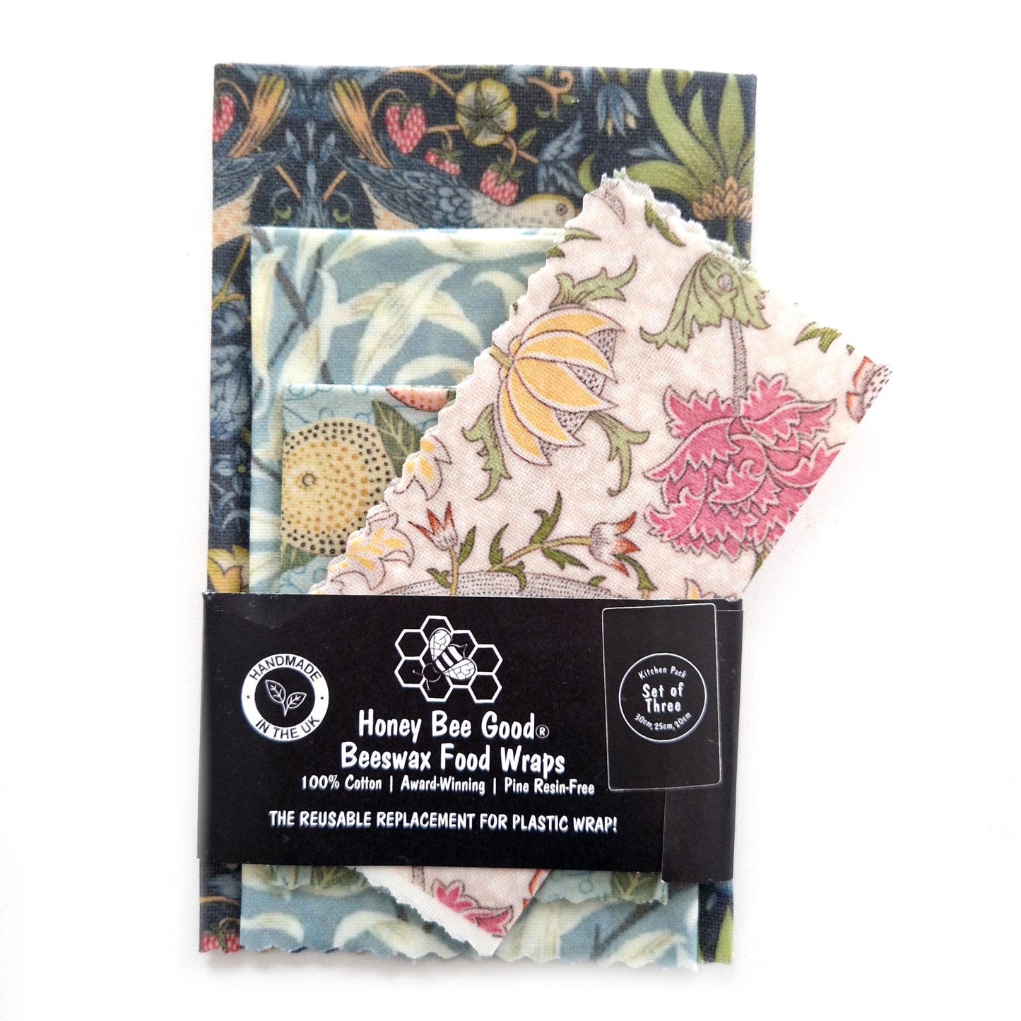 Black Label William Morris Set of 4 (3 + Free) Beeswax Wraps | Strawberry Thief